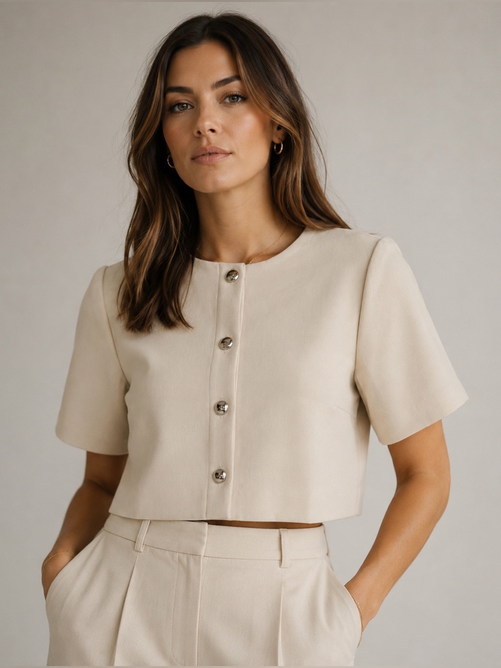 Amanda Uprichard Andrea Cropped Jacket Blazer Top in Beige Silver Buttons XS NWT